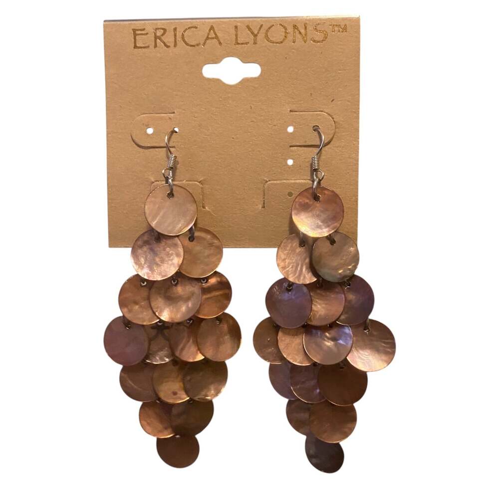 Erica Lyons Copper Brown Disc Chandelier Dangle Earrings Pierced 3 Inch Boho